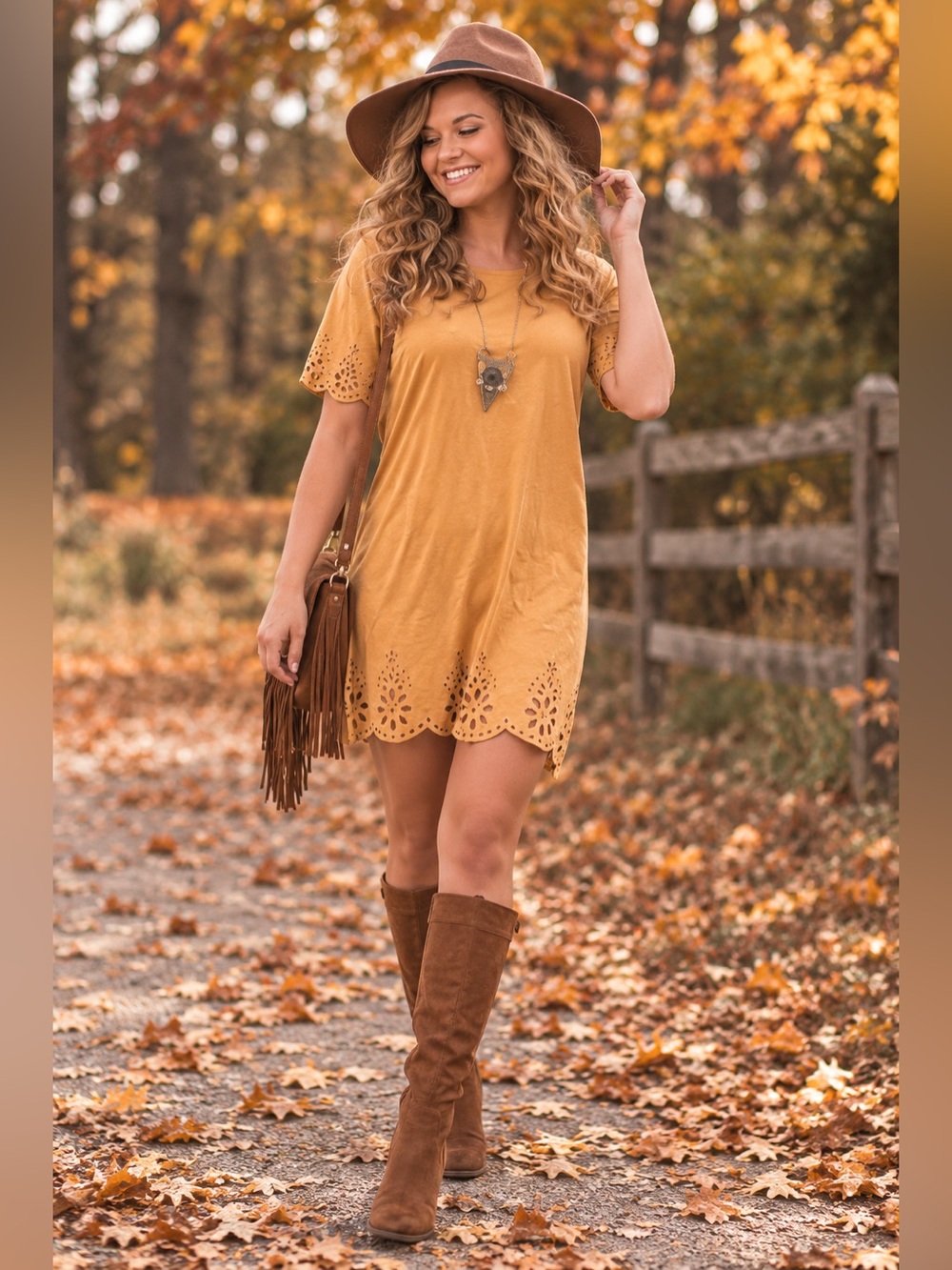 Love, Fire Mustard Faux Suede Laser Cut Trim Dress